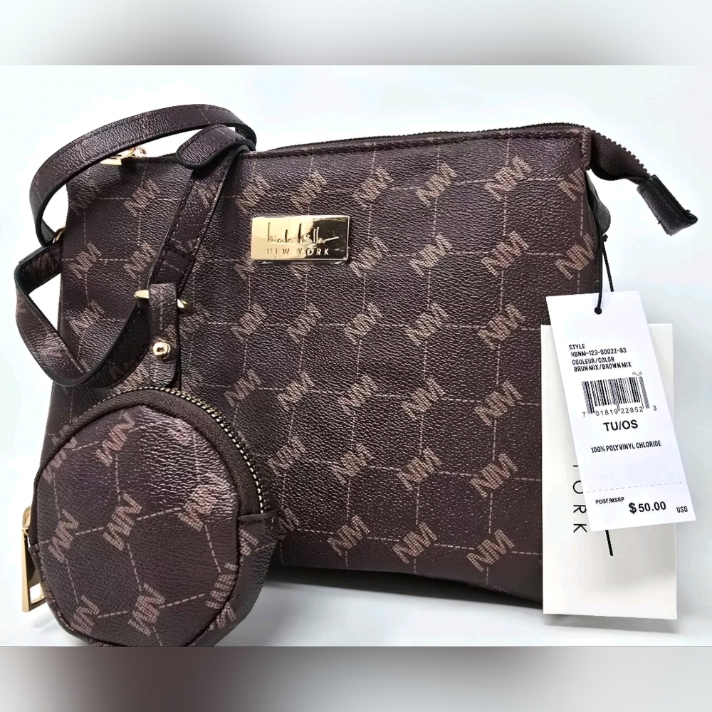Brown Cross Body & Ear Bud Case Nicole Miller Logo NWT